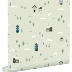 ESTAhome Behang Schattige Huisjes Groen En Blauw - 50 X 900 Cm - 132309