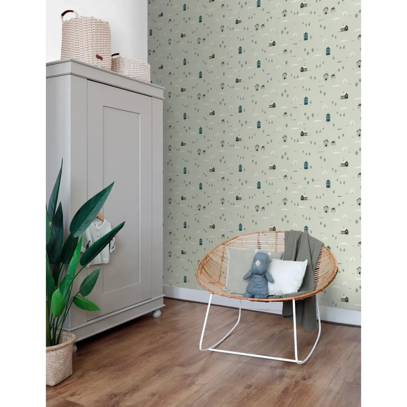 ESTAhome Behang Schattige Huisjes Groen En Blauw - 50 X 900 Cm - 132309