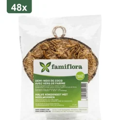 Famiflora Halve Kokosnoot Gevuld - 48 Stuks (9.6kg) - Buitenvogels - Met Meelwormen