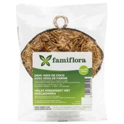 Famiflora Halve Kokosnoot Gevuld - 24 Stuks (4.8kg) - Buitenvogels - Met Meelwormen