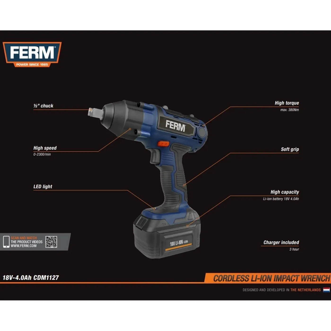 Ferm Accu Slagmoersleutel 18v - 380nm, Incl. 4.0ah Li-ion Accu