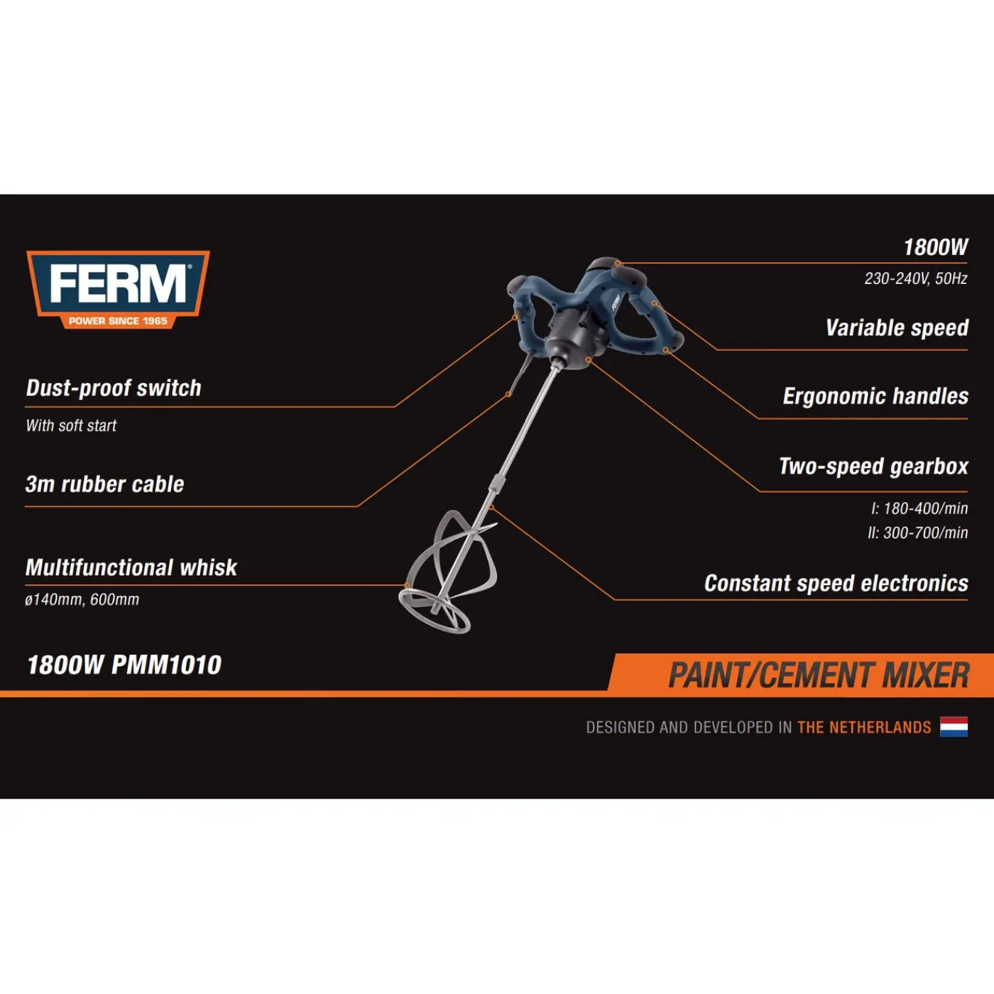 Ferm - Betonmixer - 1800W - Verfmenger - Incl. Mengstaaf