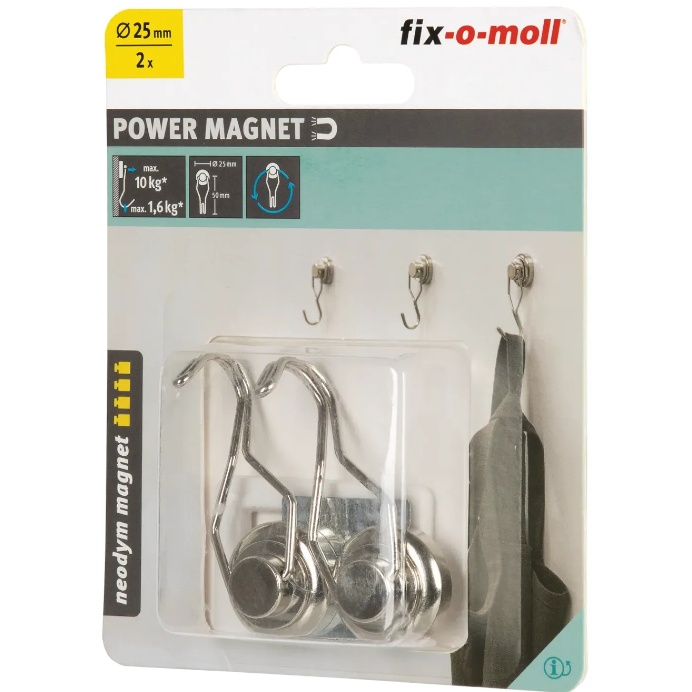 Fix-O-Moll Magneet met Haak - Draaibare Haak - Staal - Diameter 25mm - 2 stuks