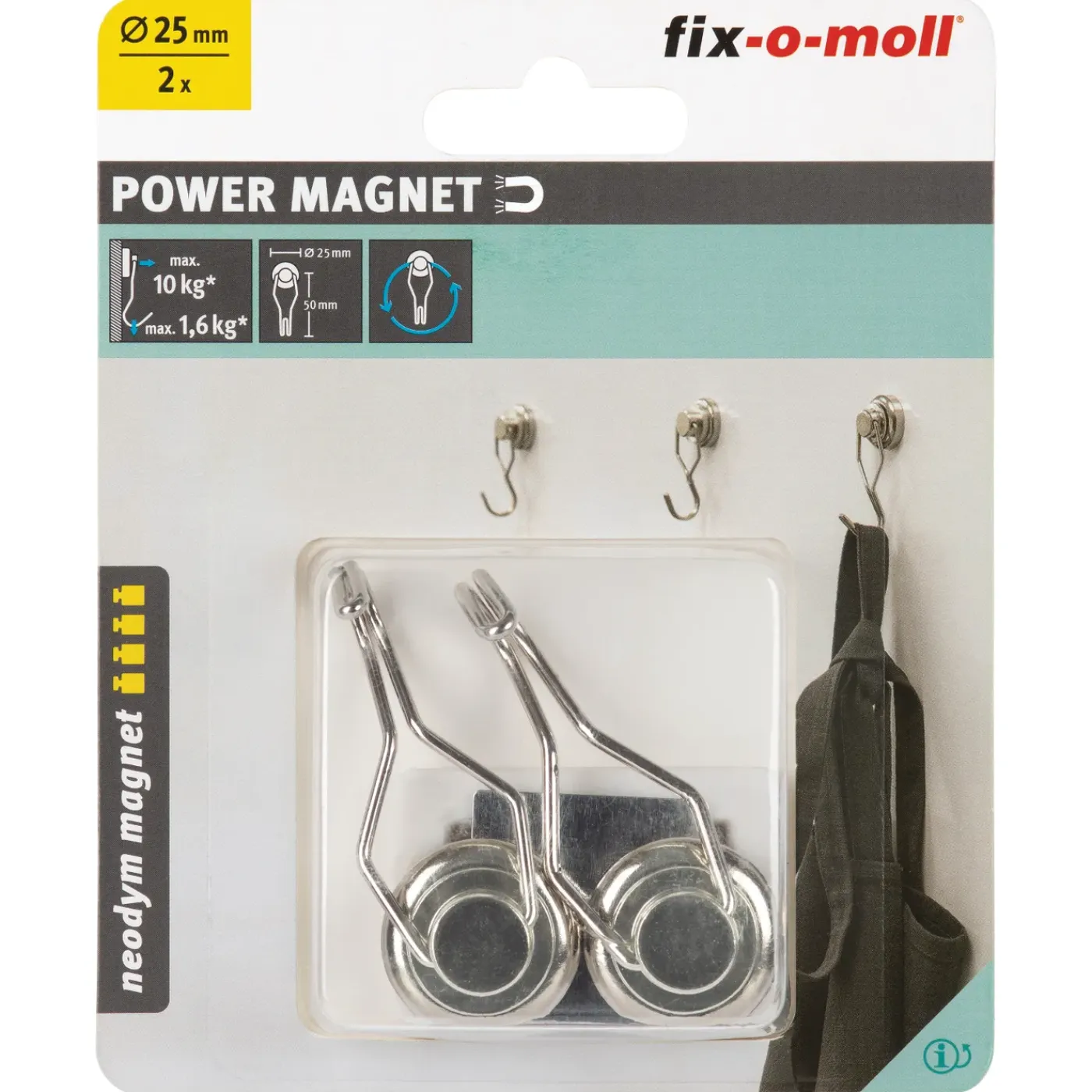 Fix-O-Moll Magneet met Haak - Draaibare Haak - Staal - Diameter 25mm - 2 stuks