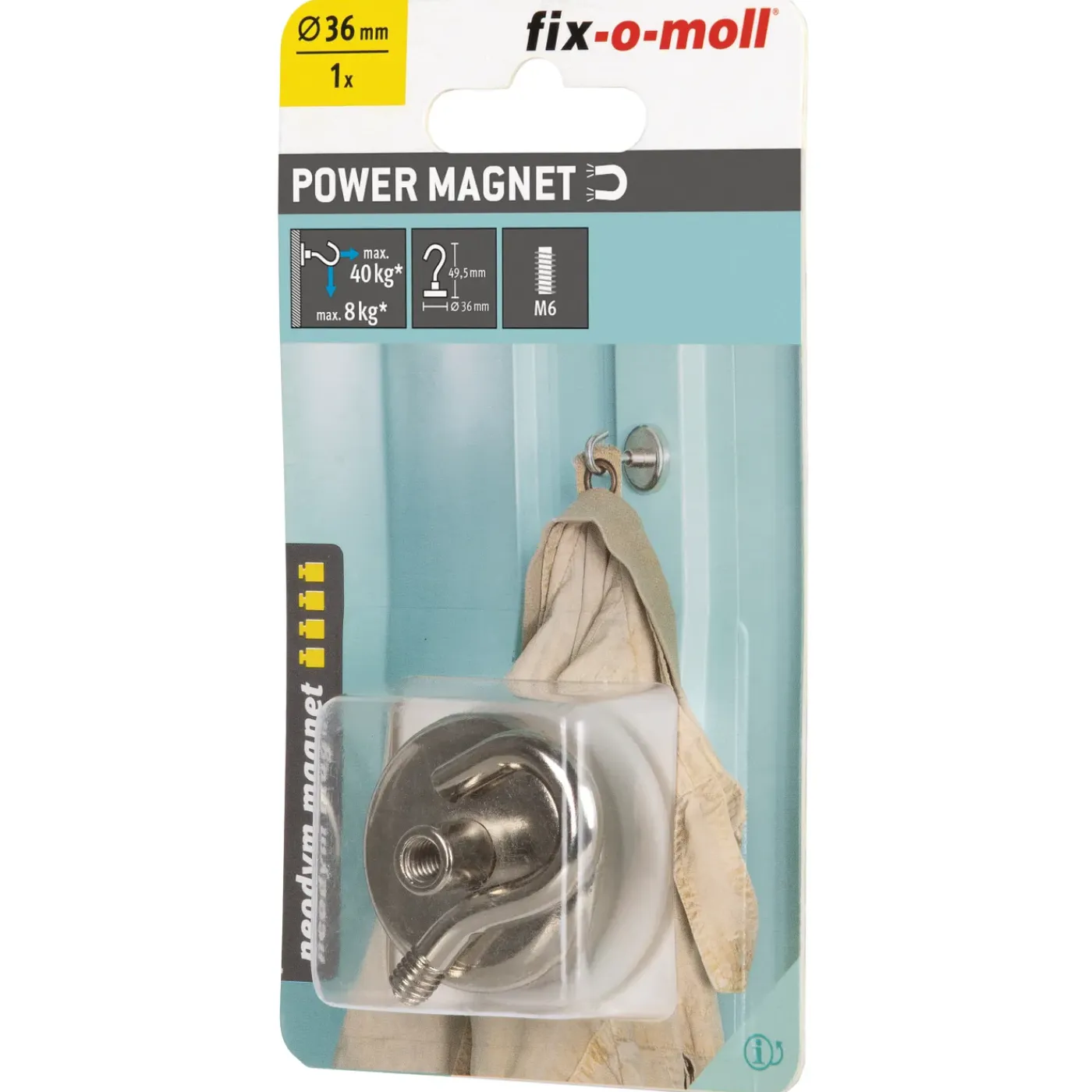 Fix-O-Moll Magneet met Haak - Zelfklevend - Neodymium - Diameter 36mm