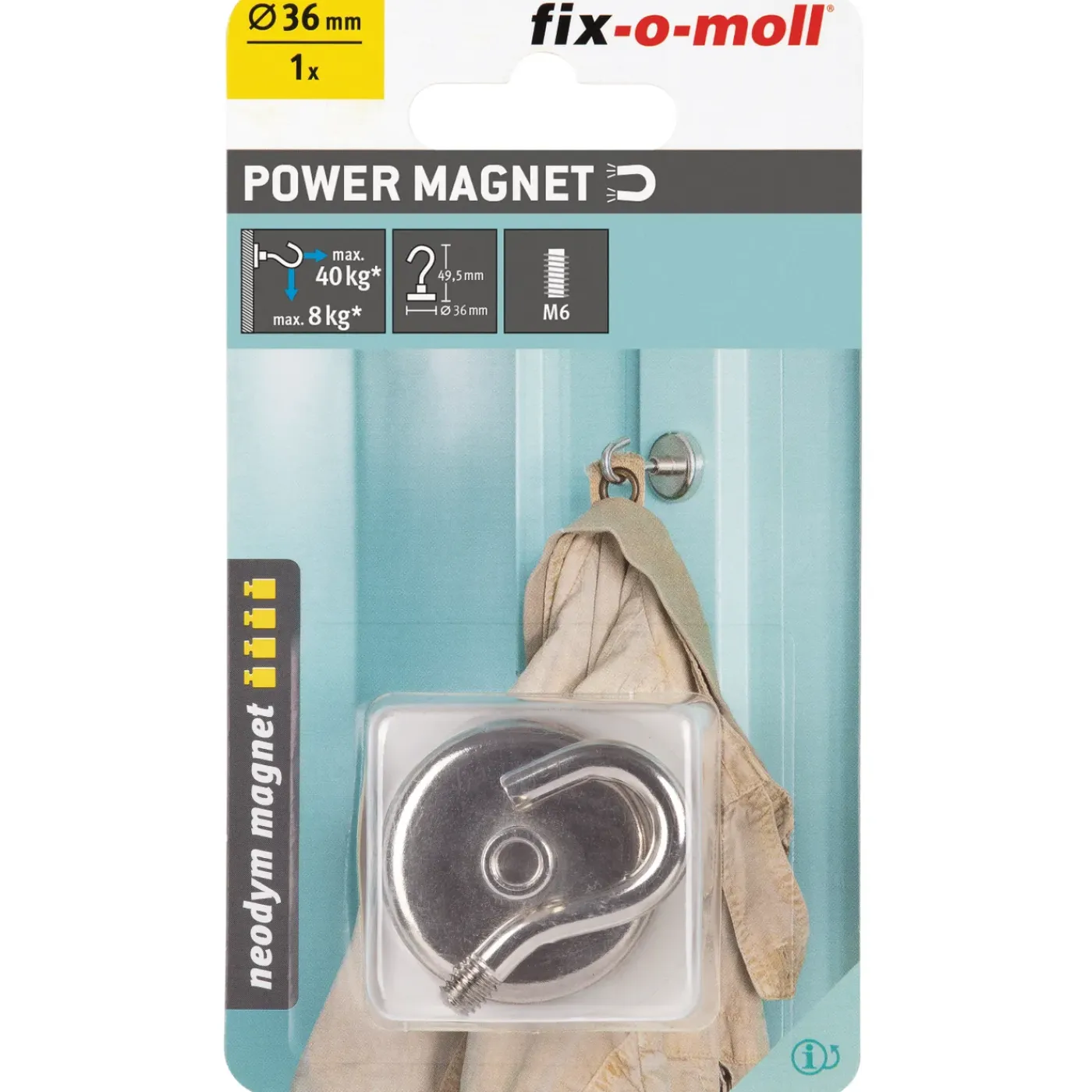 Fix-O-Moll Magneet met Haak - Zelfklevend - Neodymium - Diameter 36mm