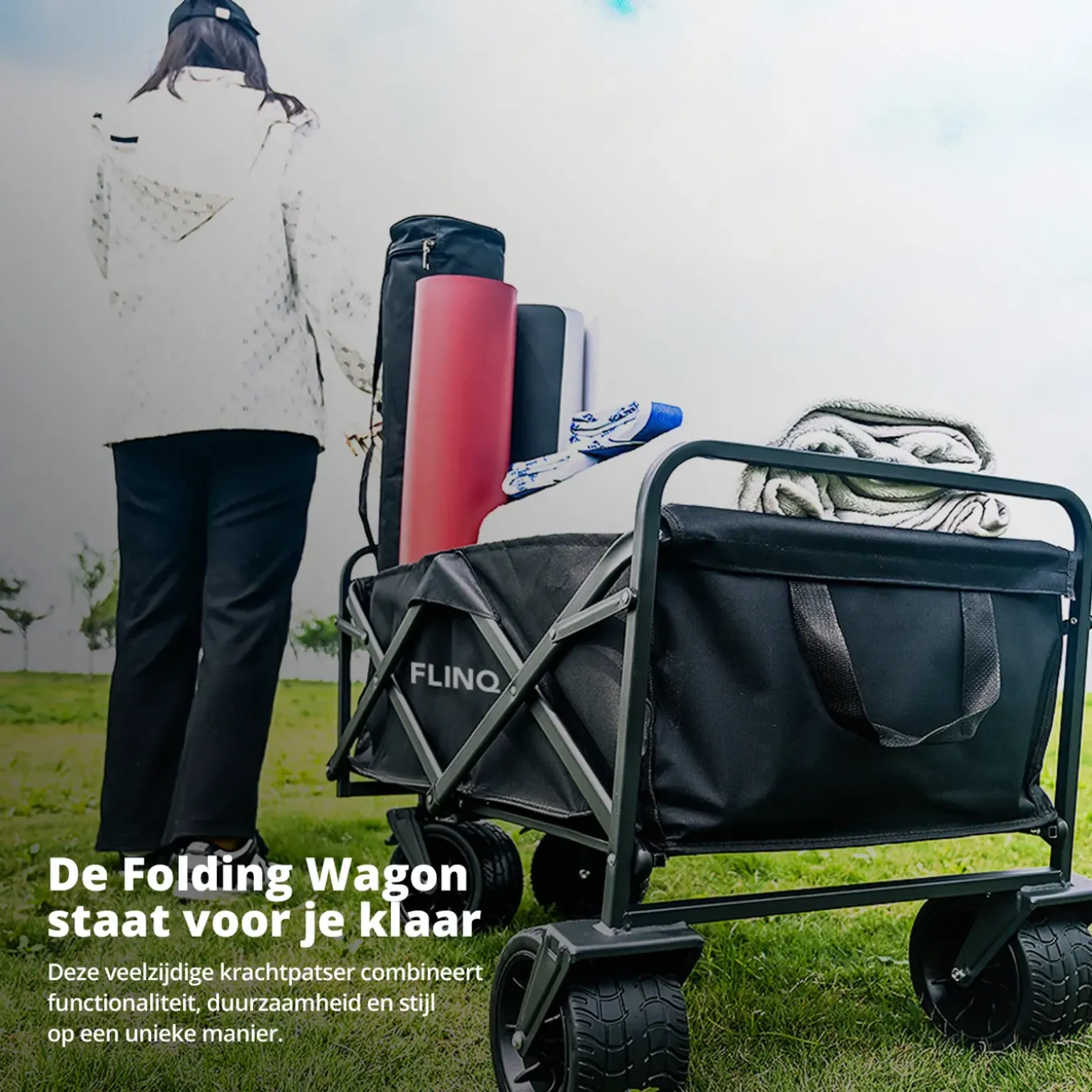 FlinQ Bolderkar - Opvouwbaar - Draaibare wielen - 100KG Draagkracht - 100L - Zwart