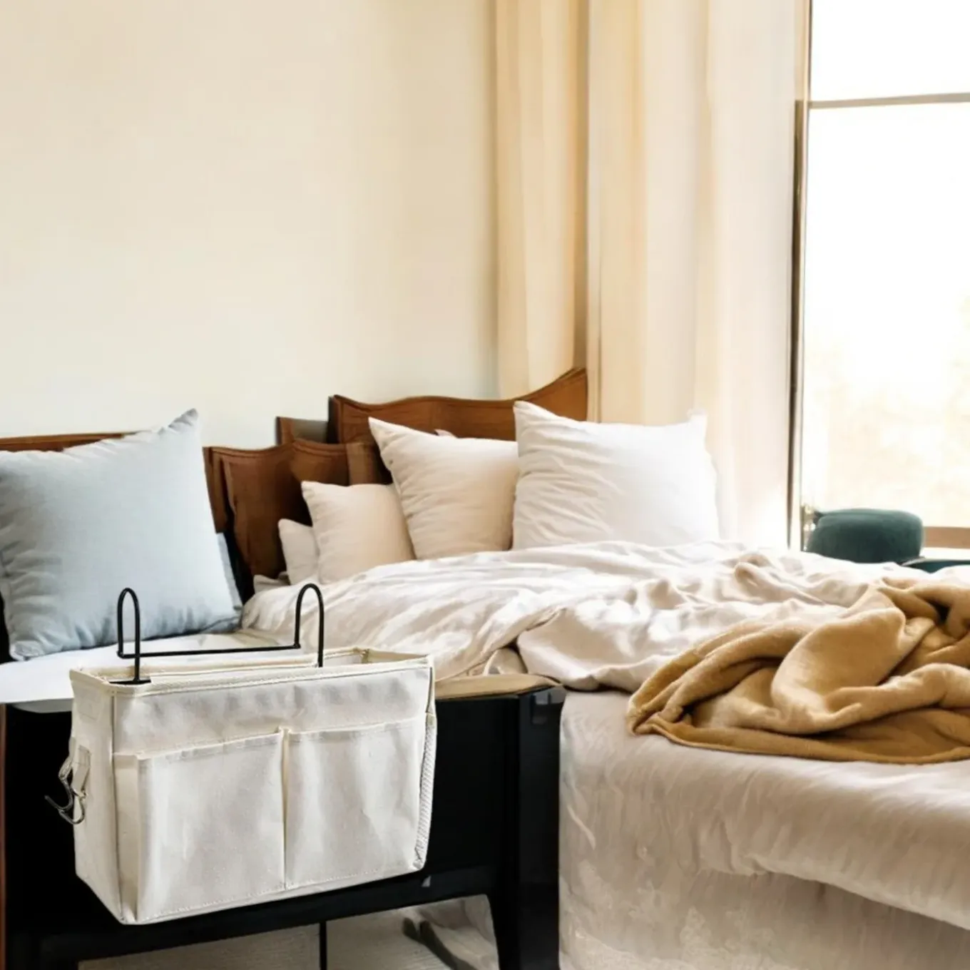Flokoo - Bedside Pocket - Bed Opbergzak - Katoen - Wit