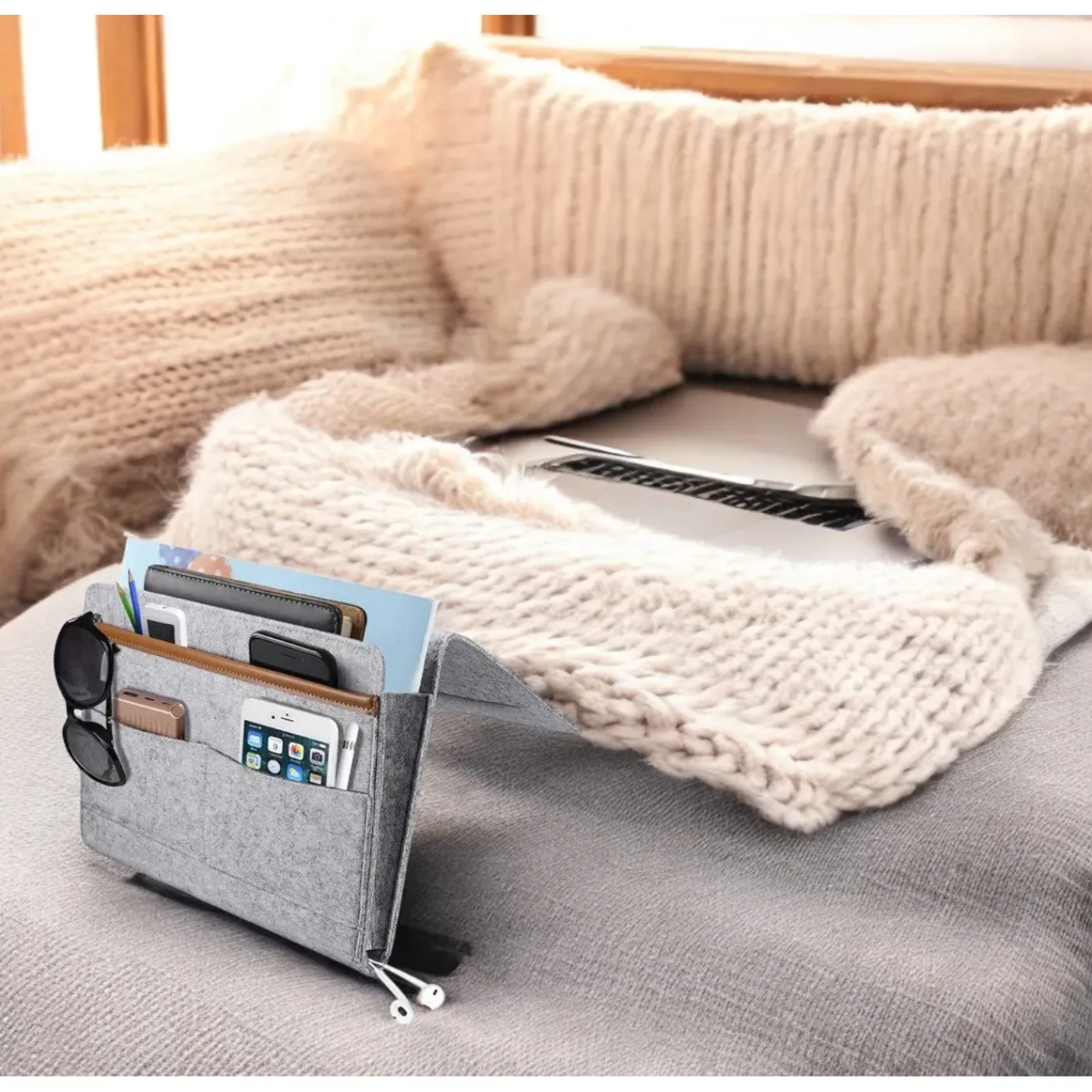 FLOKOO - Bedside Pocket - Licht Grijs - Vilten Opbergzak Voor Bed Of Bank