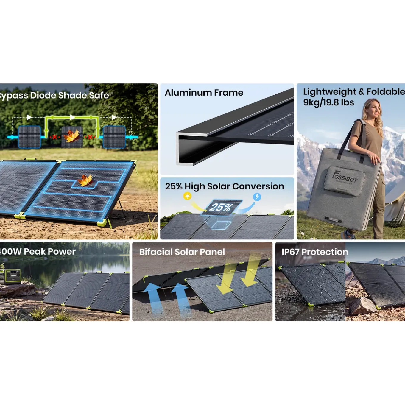 FOSSiBOT SP400PRO 400 W Draagbaar Bifaciaal Zonnepaneel - 2 Jaar Garantie - Aluminium Frame - 9 kg