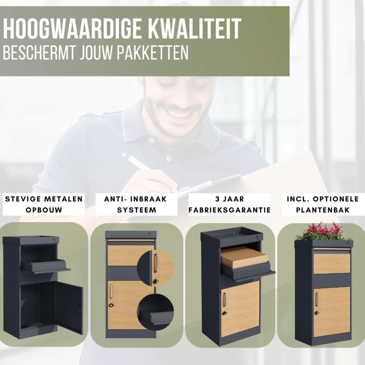 4gardenz Pakketbrievenbus Xxl Met Slot - Pakketbox Extra Groot - Antraciet Met Houtlook