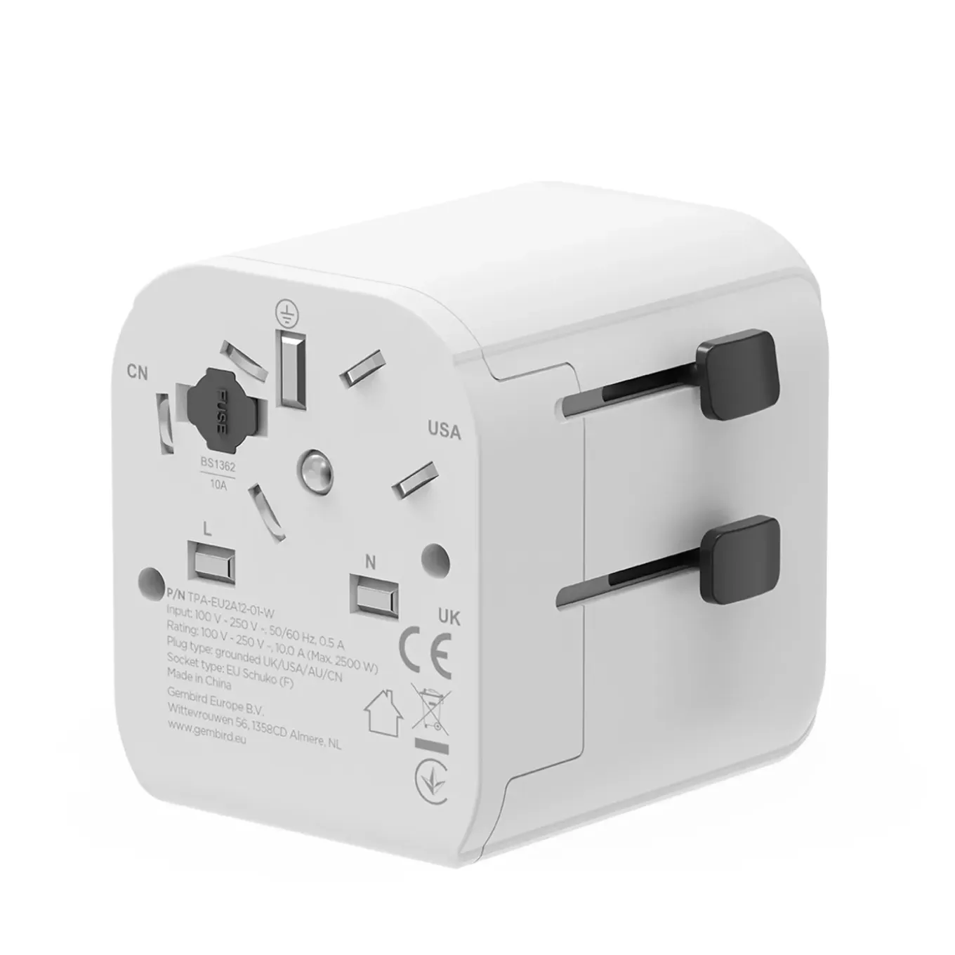 Gembird - Geaarde Universele Reisstekker Met Usb Lader, 12 W, Wit