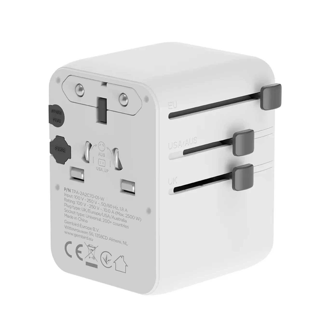 Gembird - Universele Reisstekker Met Usb Lader, 70 W, Wit