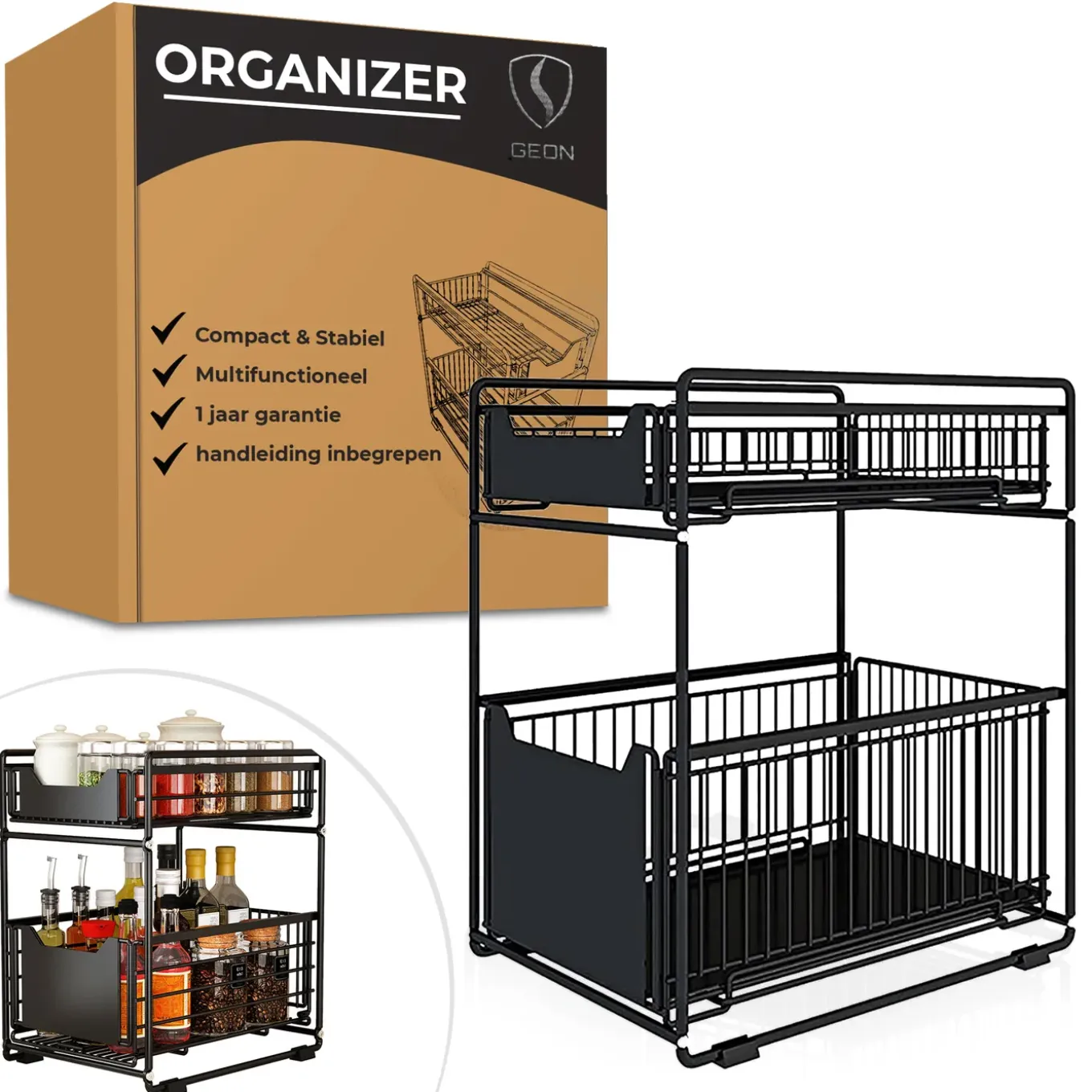 Geon - Gootsteenkast Organizer - Keukenkast Organizer - Gootsteenrek - Badkamer Organizer - Zwart