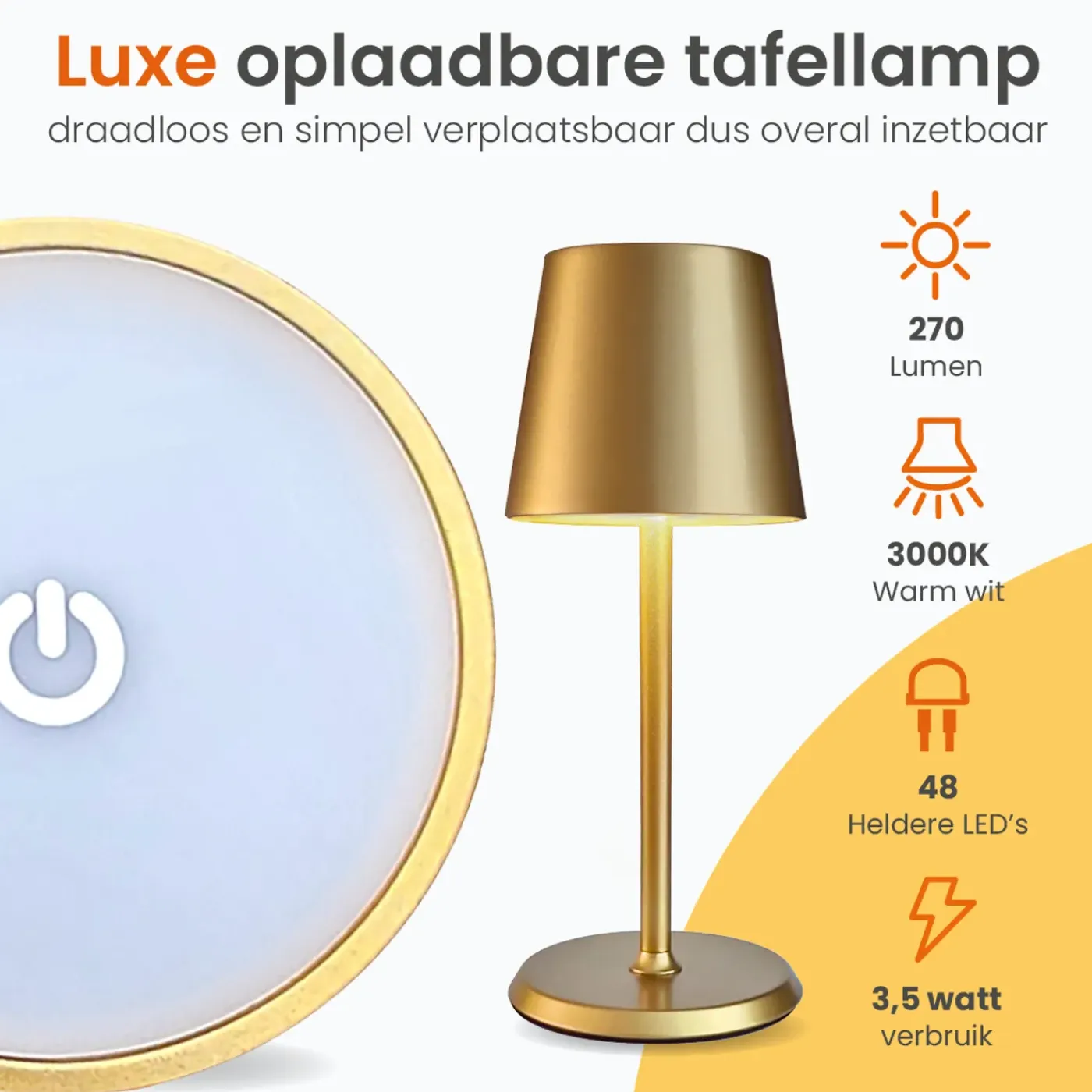 Goliving Essence Tafellamp Oplaadbaar – Dimbaar – Touch Lamp – Nachtlamp – 26 Cm – Goud