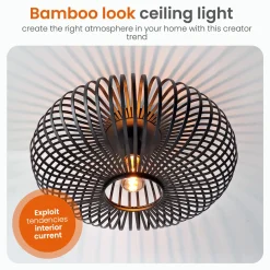 Goliving Plafondlamp Zwart - Plafonnière - E27 - Metaal - Bamboe Look - Ø40cm