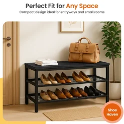 Goliving Schoenenrek - Schoenenbank - Halbank - Industrieel - 80x30x45 - Metaal - Zwart Hout