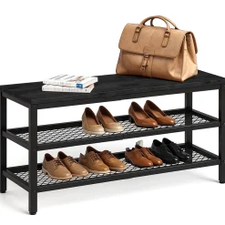 Goliving Schoenenrek - Schoenenbank - Halbank - Industrieel - 80x30x45 - Metaal - Zwart Hout