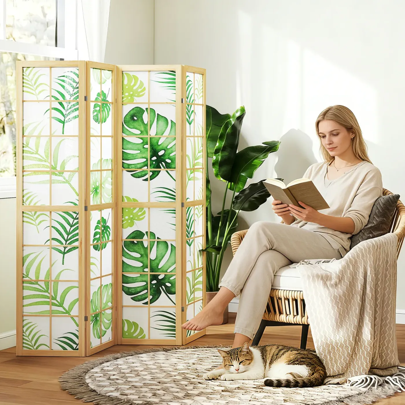 4Goodz 4-delige Kamerscherm Opvouwbaar - Roomdivider Tropisch Motief - Houten Frame