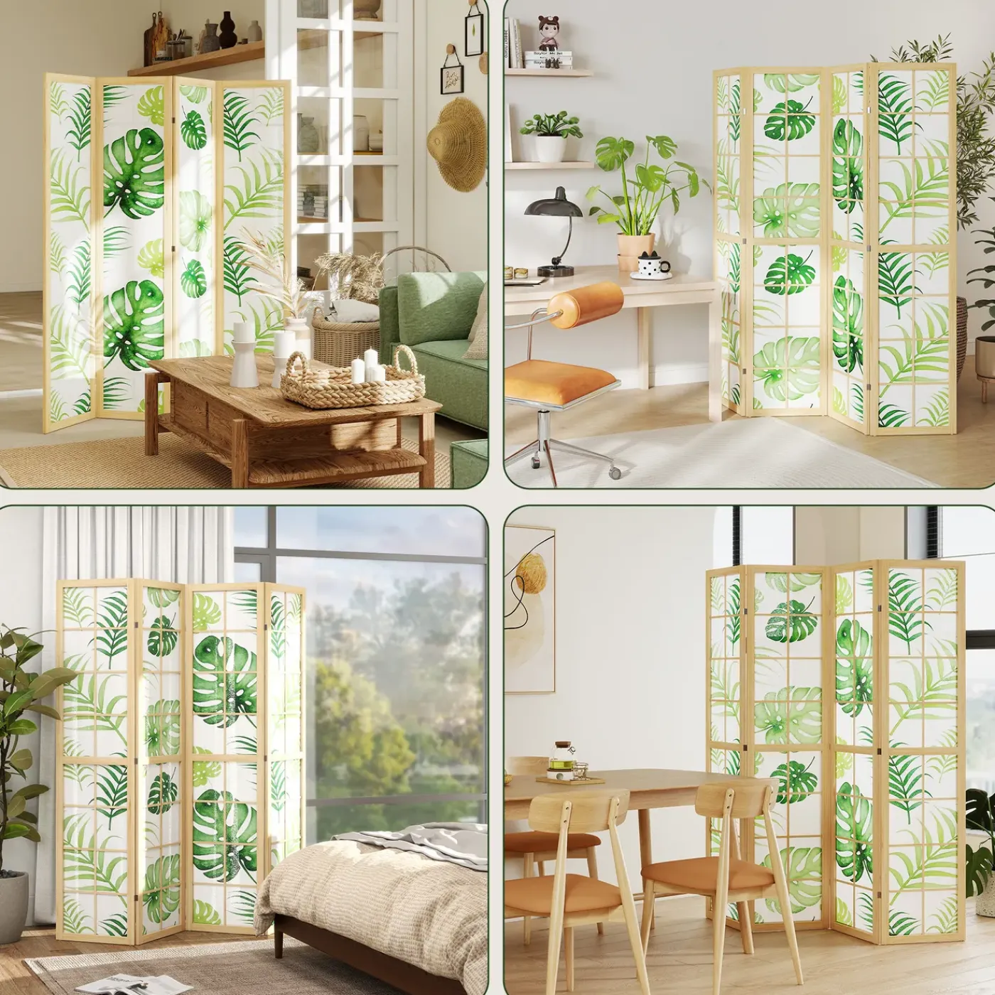 4Goodz 4-delige Kamerscherm Opvouwbaar - Roomdivider Tropisch Motief - Houten Frame