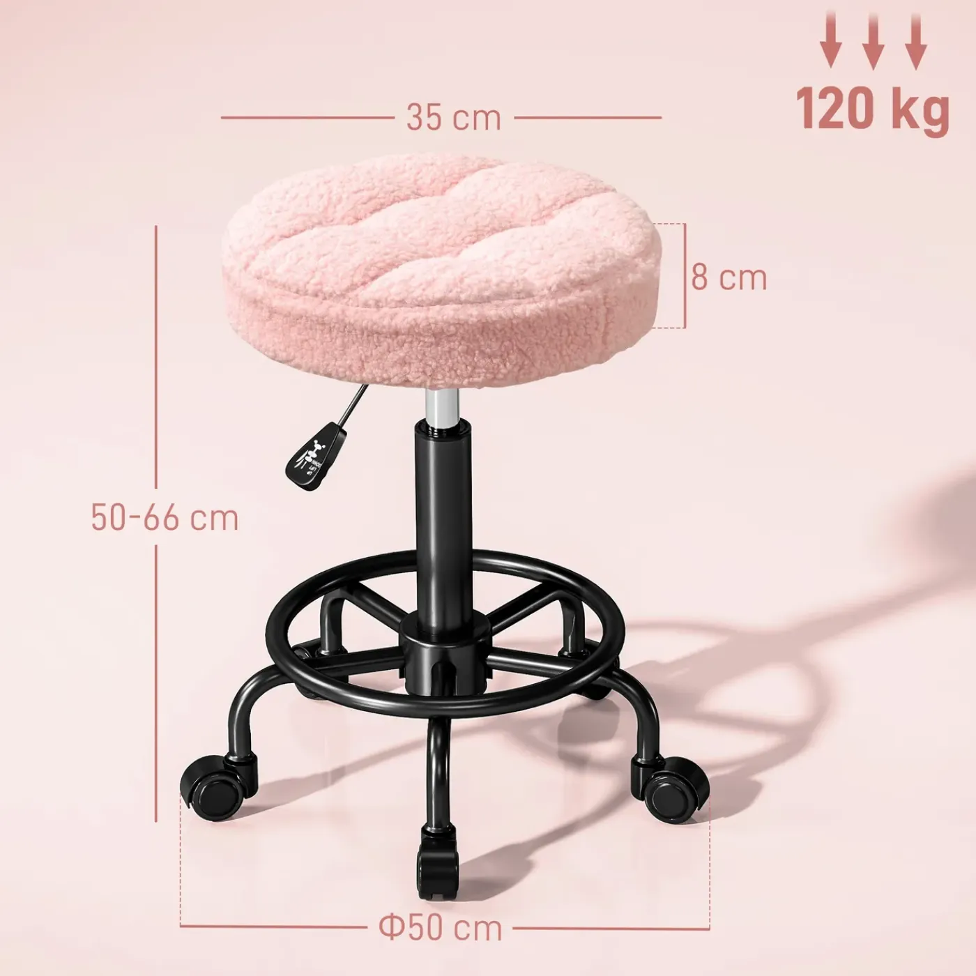 4Goodz Hoogteverstelbare Rolkruk 55-66 Cm 360° Draaibaar - Roze