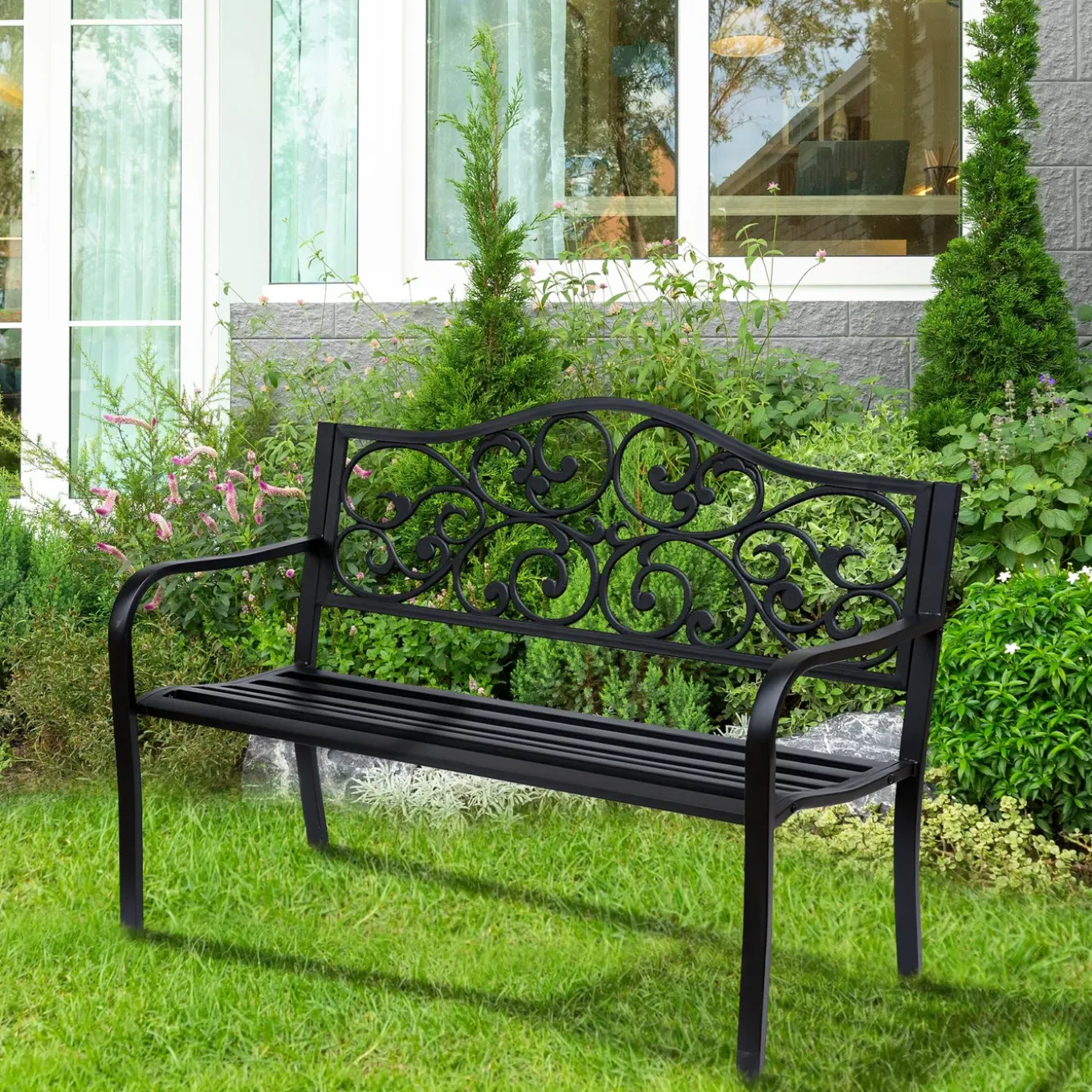 4goodz Stalen Tuinbank Met Gietijzer Armleuningen - 127x60x89cm Zwart