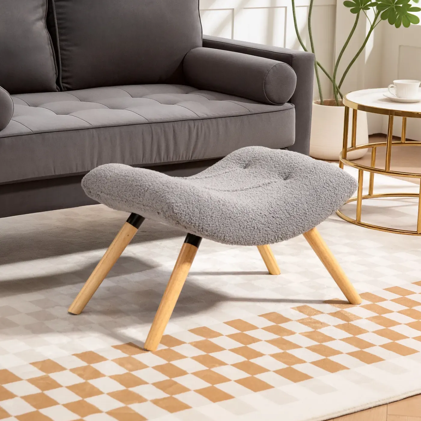 4Goodz Voetensteun Met Fleece Bekleding En Houten Poten - Lichtgrijs
