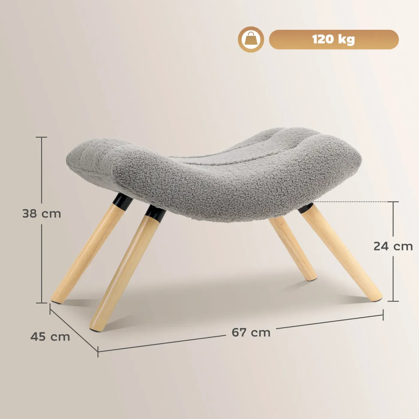 4Goodz Voetensteun Met Fleece Bekleding En Houten Poten - Lichtgrijs