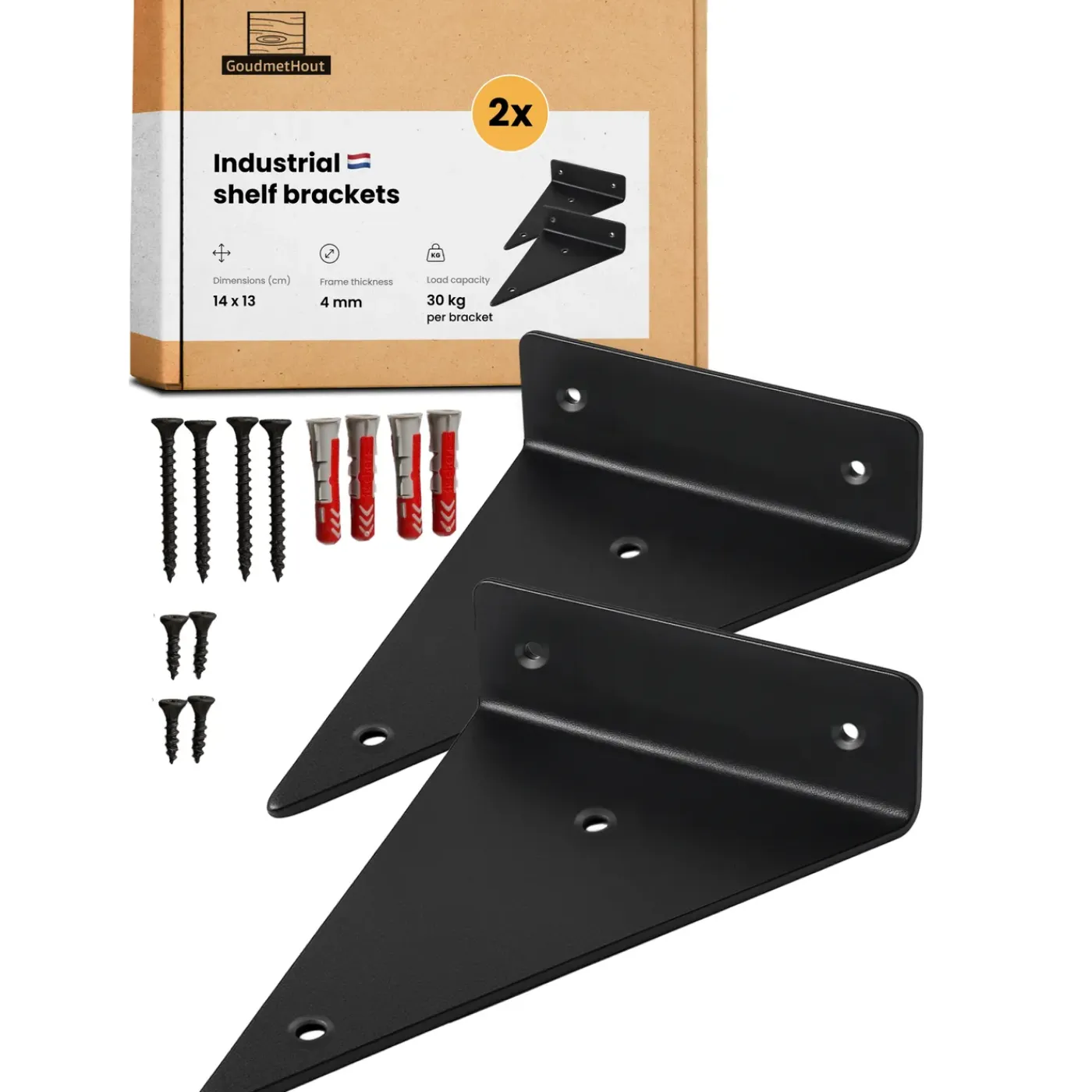Goudmethout Industriële Plankdragers Driehoekvorm Mat Zwart - Voor Wandplank 15-25 Cm