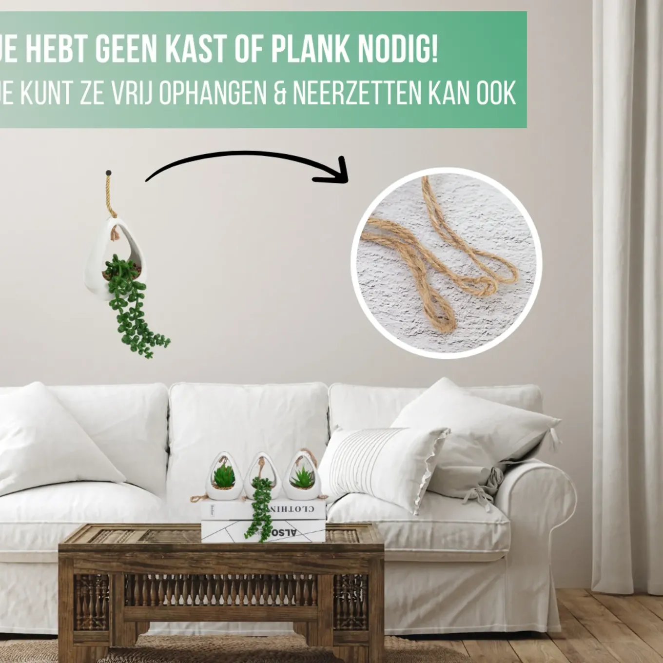 Greendream Kunstplanten - 3 Stuks Hangplanten In Hanger - Cadeautip