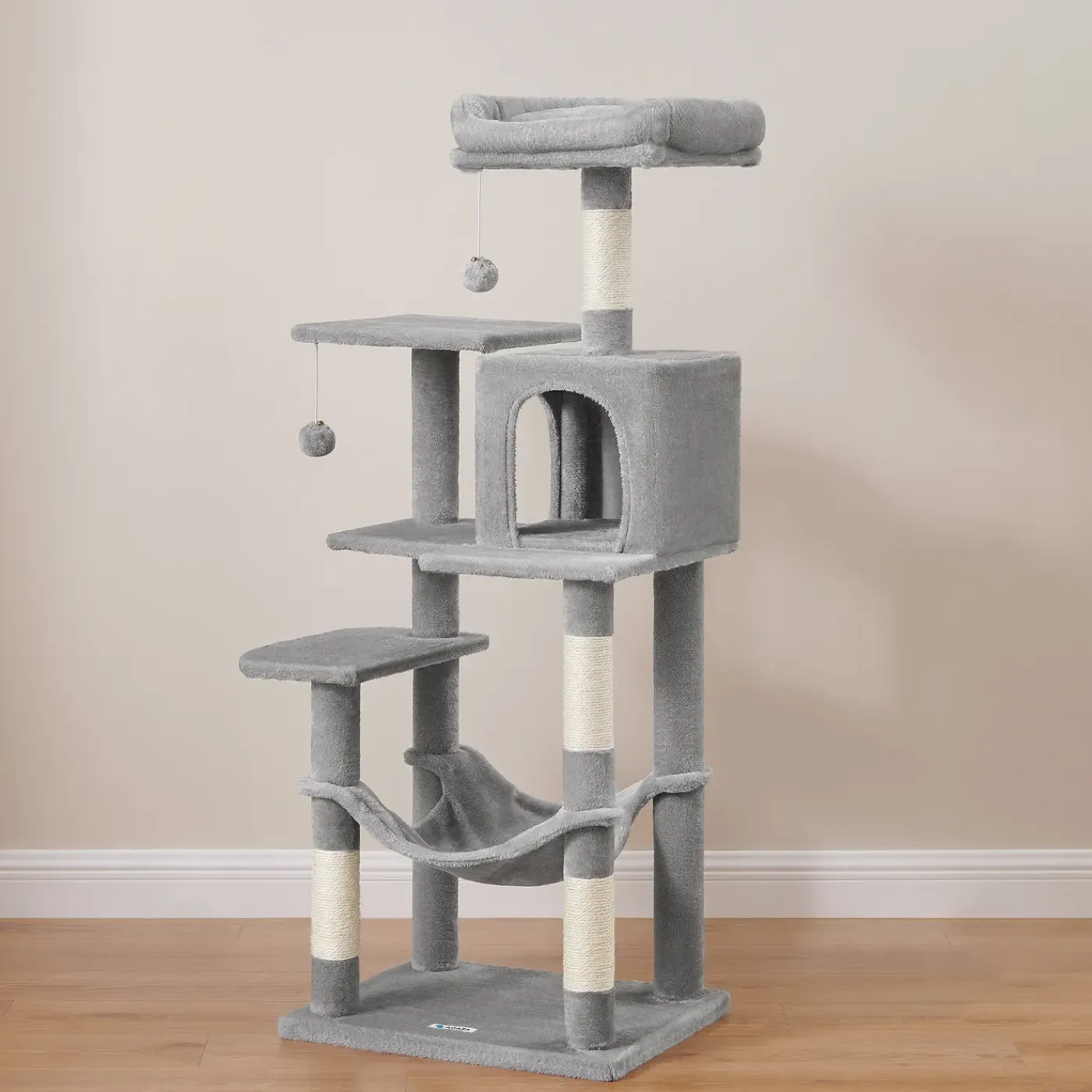 ACAZA Grote Krabpaal Voor Meerdere Katten, Kat Condo Met Hangmat, Kattenpaal, 143 Cm, Lichtgrijs