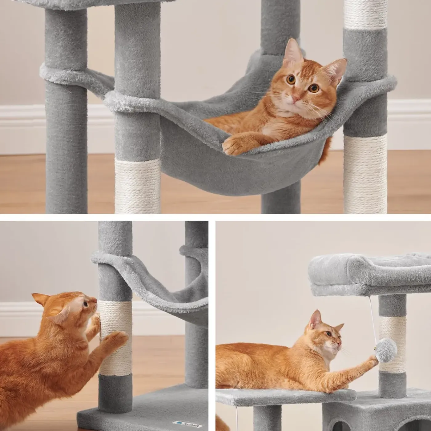 ACAZA Grote Krabpaal Voor Meerdere Katten, Kat Condo Met Hangmat, Kattenpaal, 143 Cm, Lichtgrijs