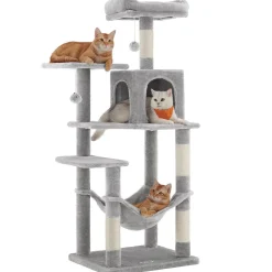 ACAZA Grote Krabpaal Voor Meerdere Katten, Kat Condo Met Hangmat, Kattenpaal, 143 Cm, Lichtgrijs