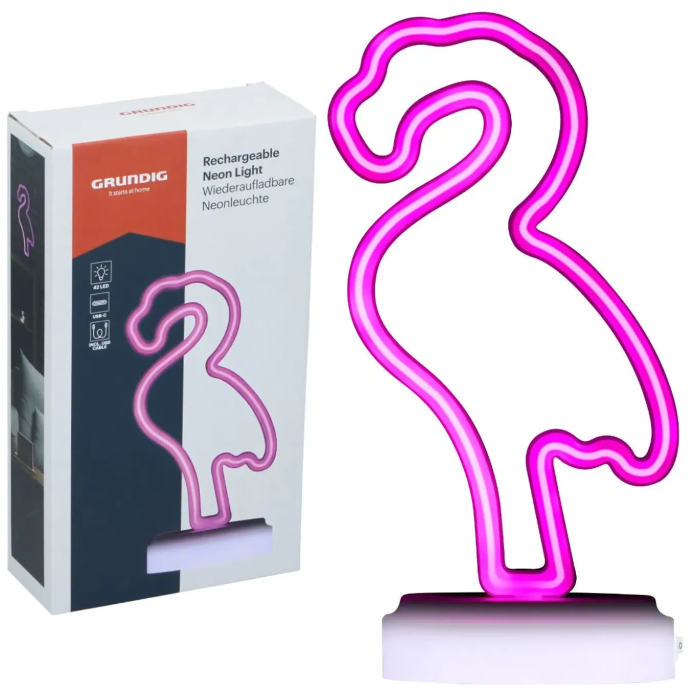 Grundig Tafellamp Flamingo Neon Lamp - Oplaadbaar Met 42 Led