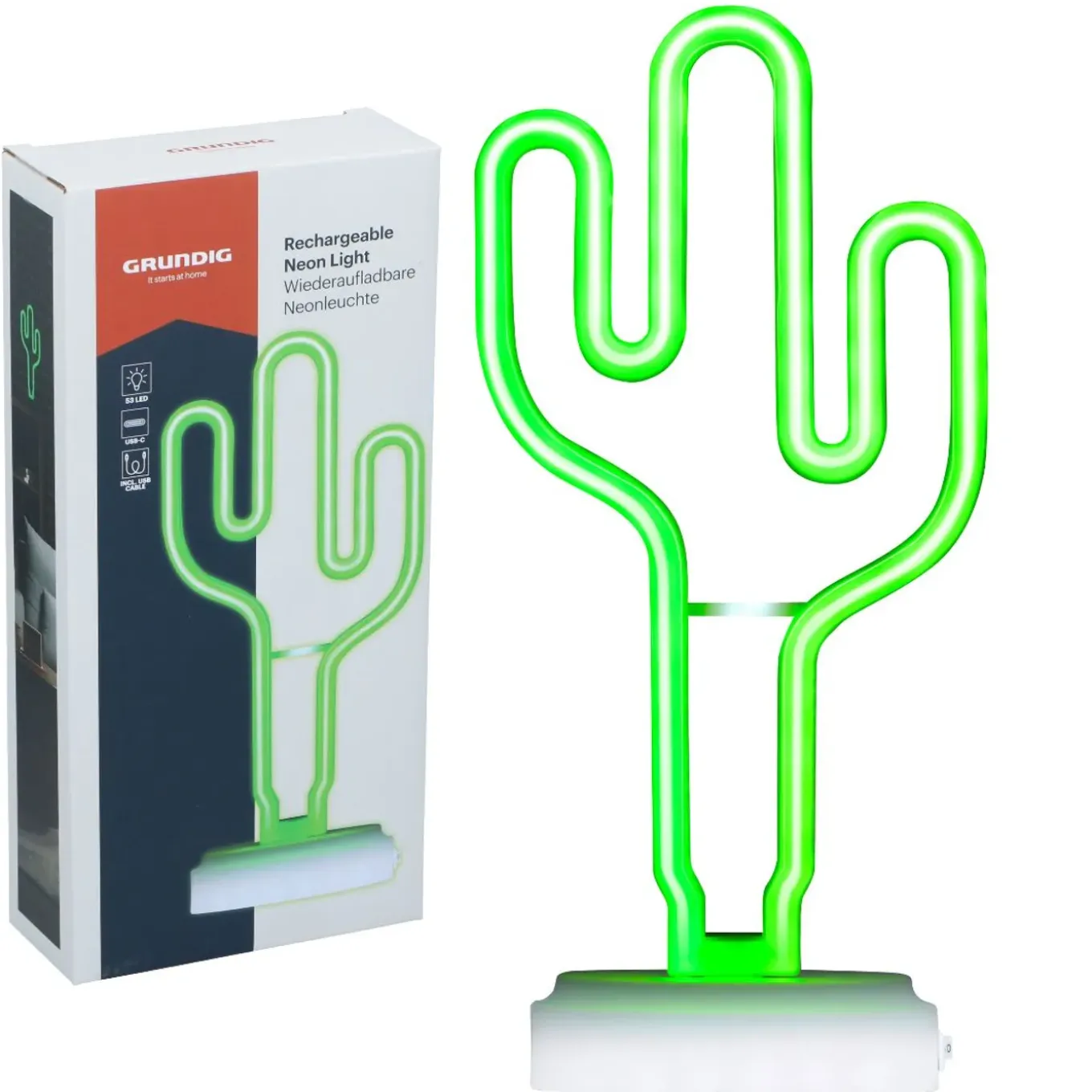 Grundig Tafellamp Oplaadbaar Neon Cactus Met 53 Led Lamp