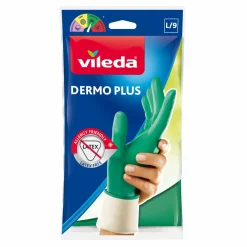 Vileda Handschoenen Dermo Plus L DE LATEXVRIJE HANDSCHOENEN SPECIFIEK VOOR GEVOELIGE EN KWETSBARE HANDEN De Dermo Plus anti-allergische handschoenen zijn dermatologisch getest en geschikt voor mensen met allergieën. Dankzij de katoenen voering zijn onze schoonmaakhandschoenen comfortabel om te dragen. De anti-allergische rubberen handschoenen beschermen uw handen tegen alle soorten irritaties. Het nitrilmateriaal is 100% latexvrij en dus geschikt voor mensen met allergieën. Nitril is het synthetische alternatief voor latexhandschoenen en zijn handig, duurzaam en herbruikbaar. De vingertoppen hebben een ruwe, anti-slip afwerking zodat uw vingers niet uitglijden. Dat is handig bij het afwassen of andere delicate klusjes.