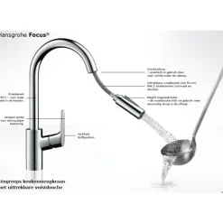 Hansgrohe Focus M41 Eengreeps Keukenmengkraan - 240 Met Uittrekbare Vuistdouche - 2 Straalsoorten