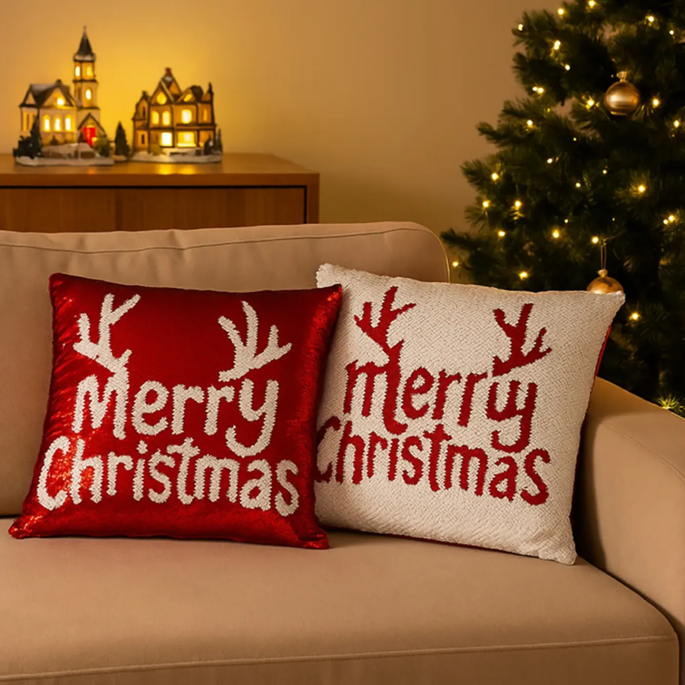HEM Kerst Kussens Set Van 2 Met Vulling - 40x40 Cm Rood Wit - Fluweel Kerstversiering