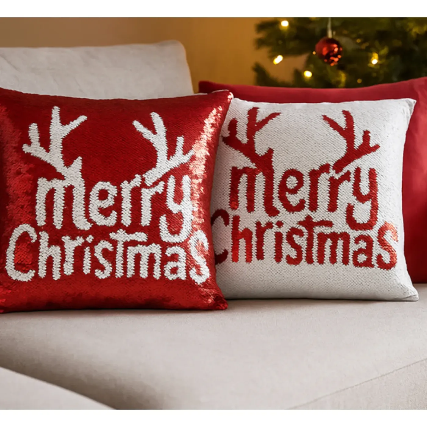 HEM Kerst Kussens Set Van 2 Met Vulling - 40x40 Cm Rood Wit - Fluweel Kerstversiering