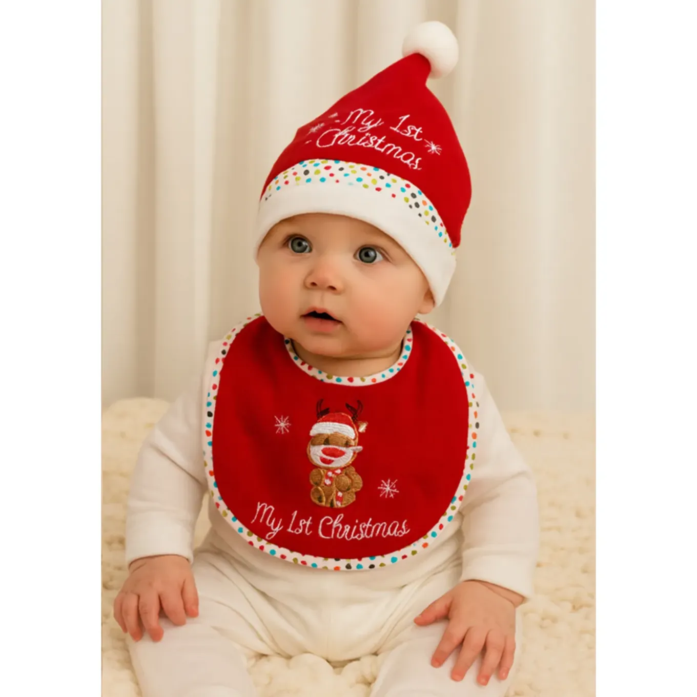 Hem Kerstmuts & Slabbetje Baby Kerstset Rendier Met Zuurstok Rood/wit