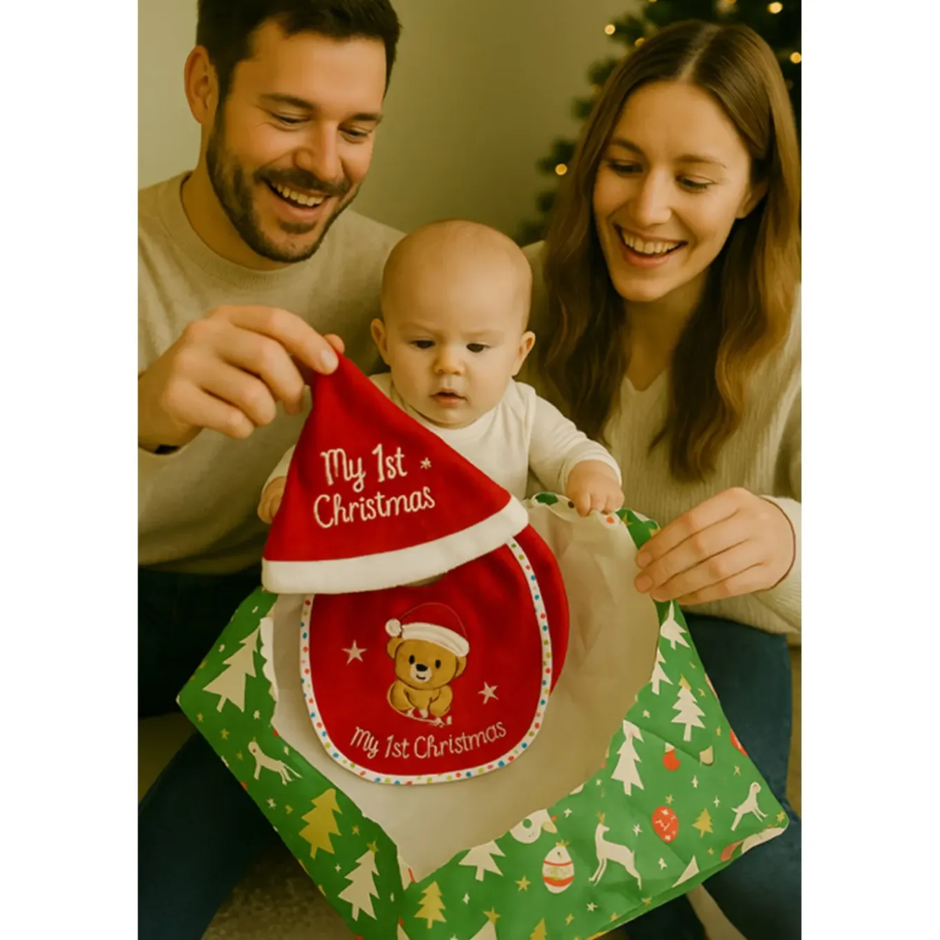 Hem Kerstmuts & Slabbetje Baby Kerstset Teddybeer Rood/wit -