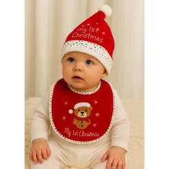 Hem Kerstmuts & Slabbetje Baby Kerstset Teddybeer Rood/wit -