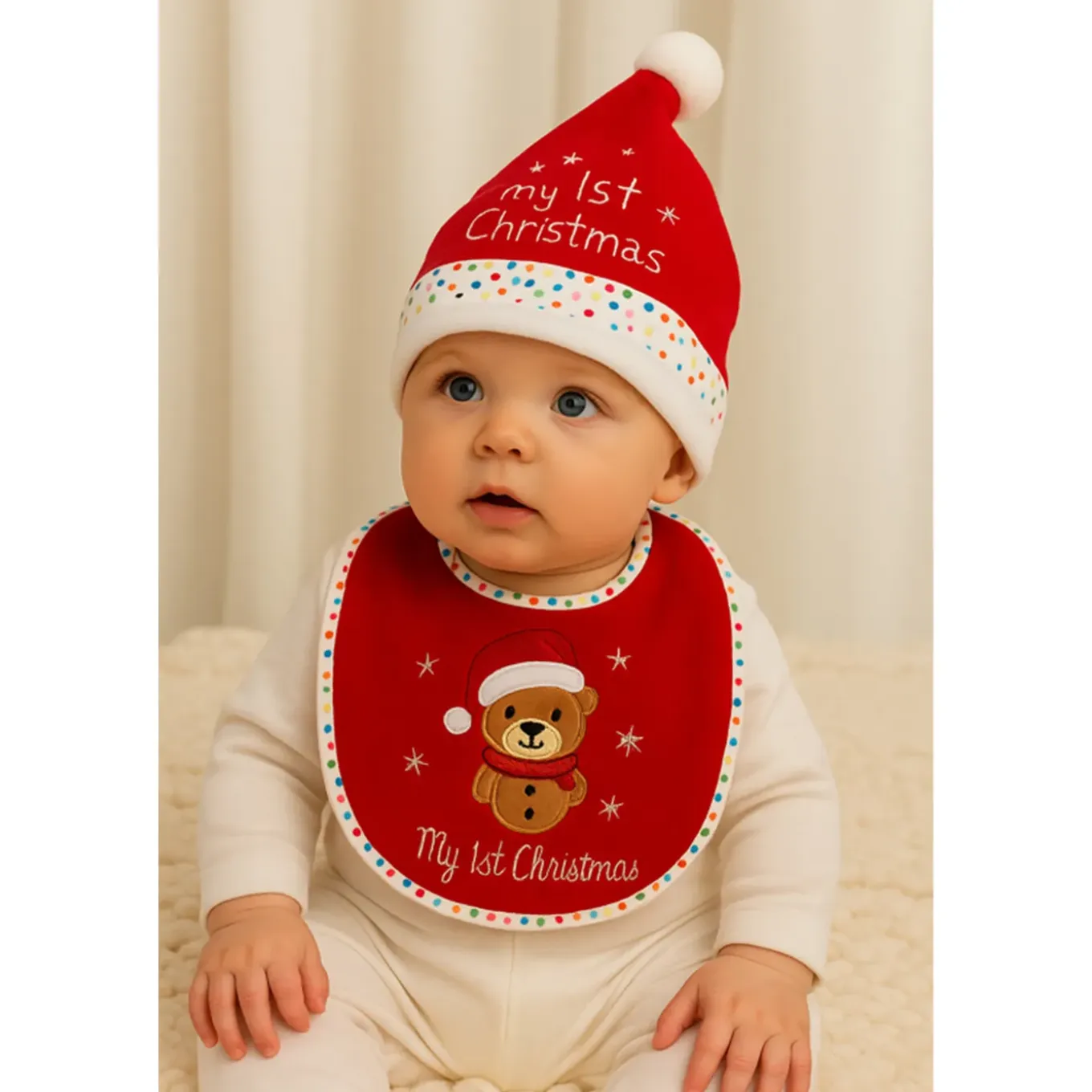 Hem Kerstmuts & Slabbetje Baby Kerstset Teddybeer Rood/wit -