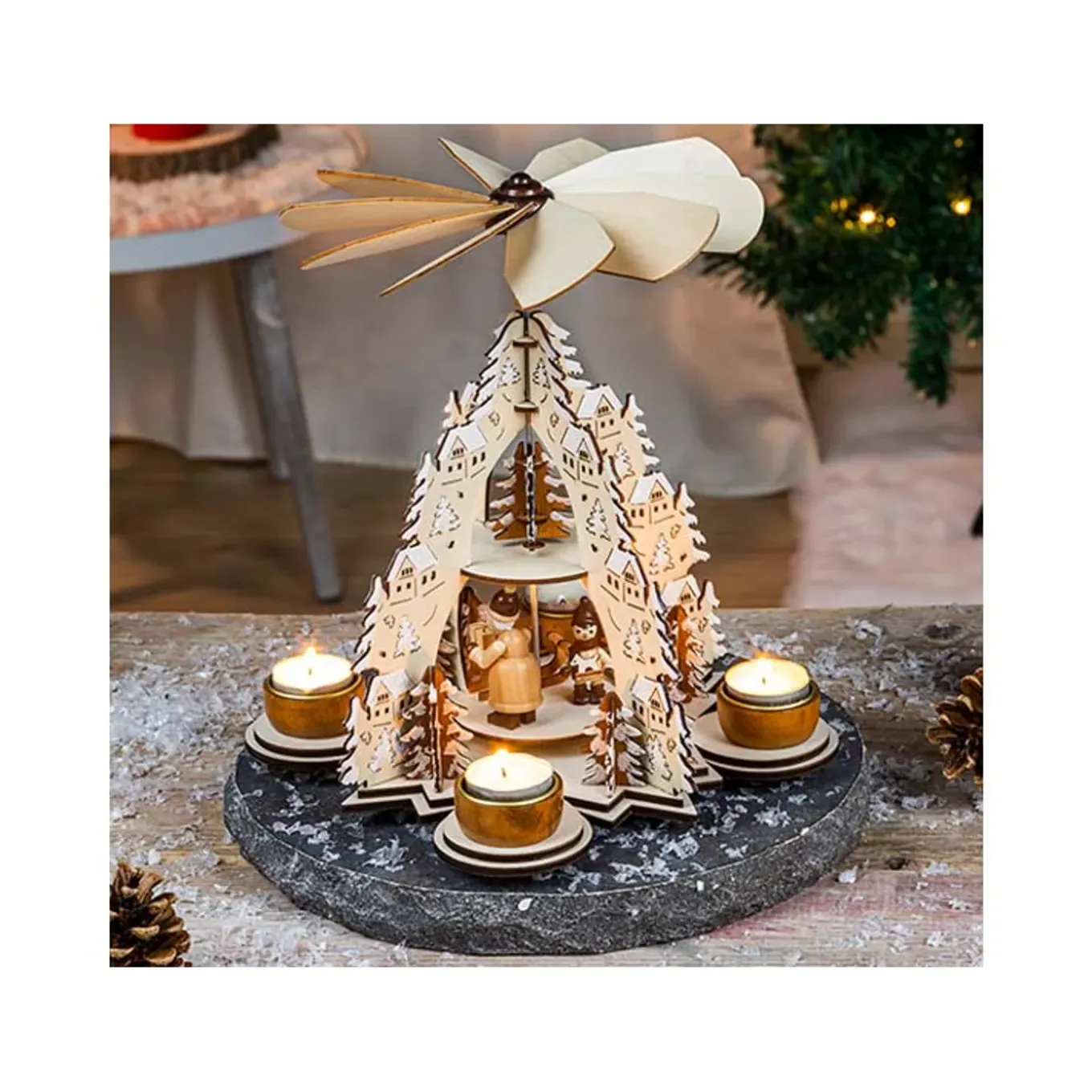 Hi Houten Piramide - Kerstdecoratie - 22,5 X 22,5 X 28,5 Cm