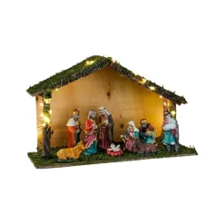 HI Verlichte Kerststal - Porselein/mos/hout - 40 X 16 X 26 Cm