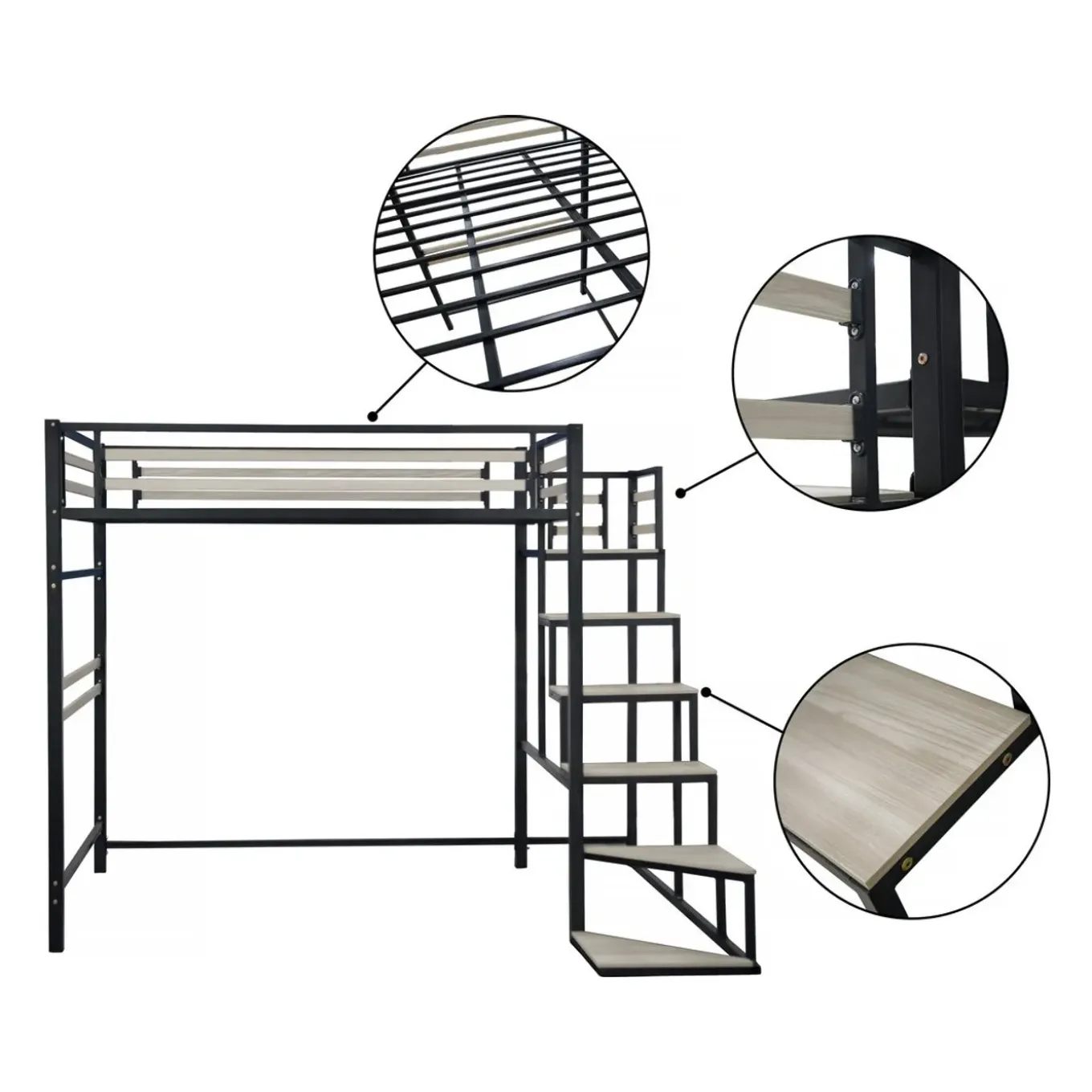 H&j - Bed Hoogslaper Met Trap Van Metaal -lena - 140 X 200 Cm - Zwart