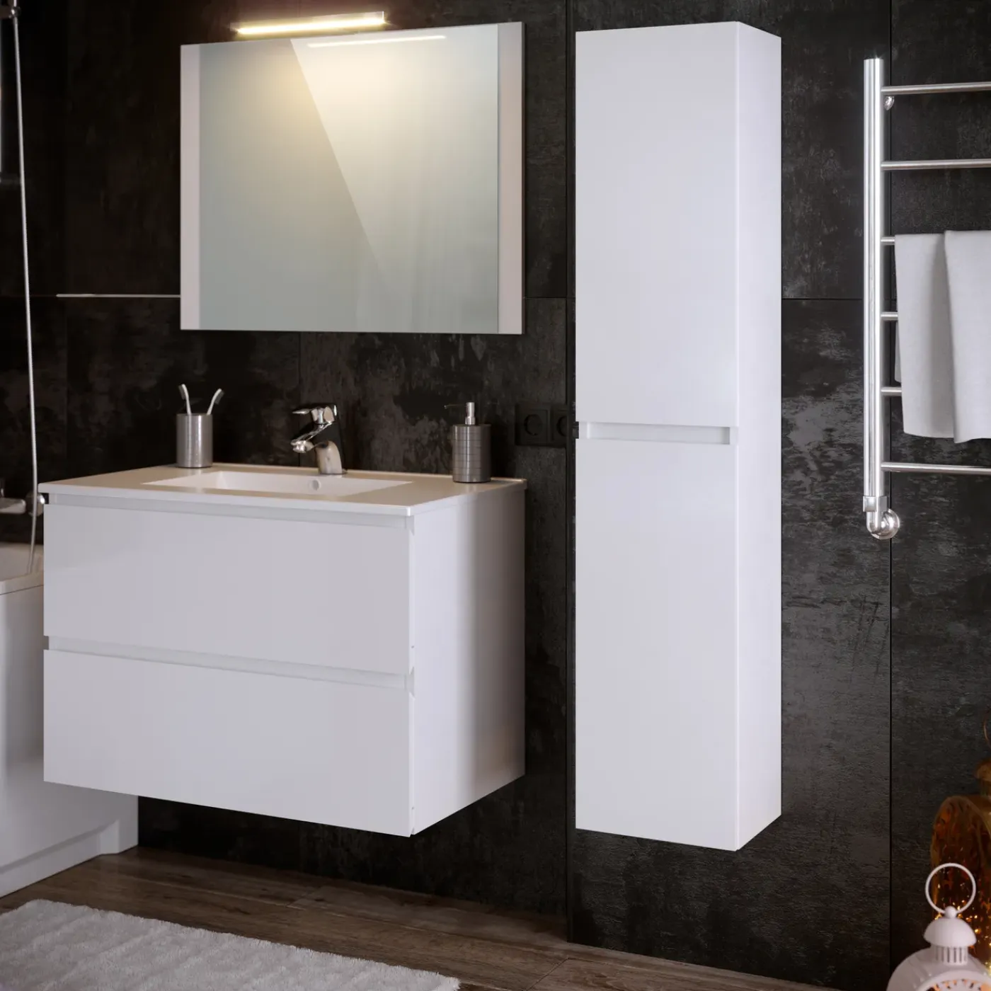 Overig Hoge Badkamerkast Milenio 30cm - Wit Glanzend - Met 2 Deuren - 30x140x27cm