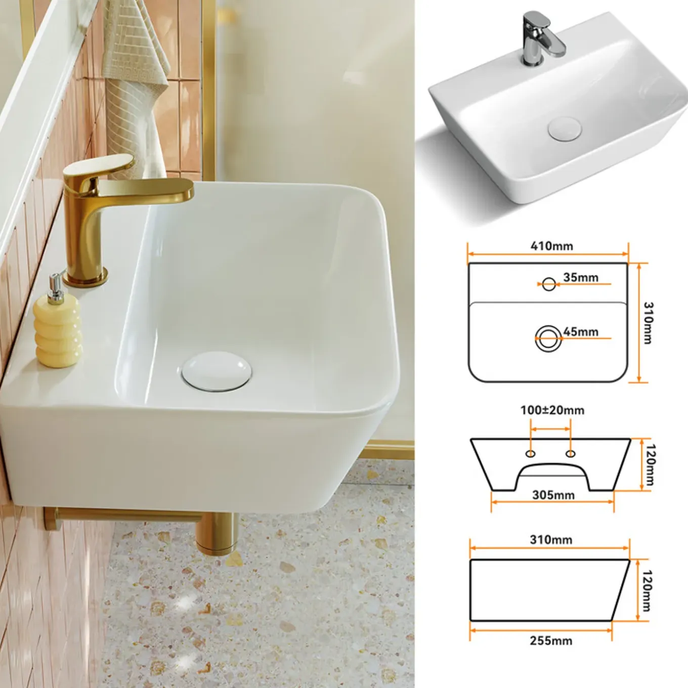 Horow-keramische Wandwastafel-wit-46x31 Cm-wastafel Voor Badkamer