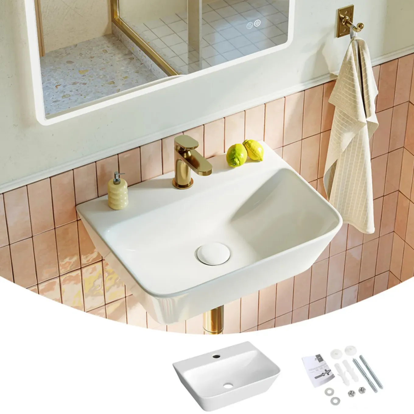 Horow-keramische Wandwastafel-wit-46x31 Cm-wastafel Voor Badkamer