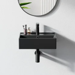HOROW Keramische Wastafel - Wandmontage - Mat Zwart - Kraangat - Overloop - 45x31 Cm